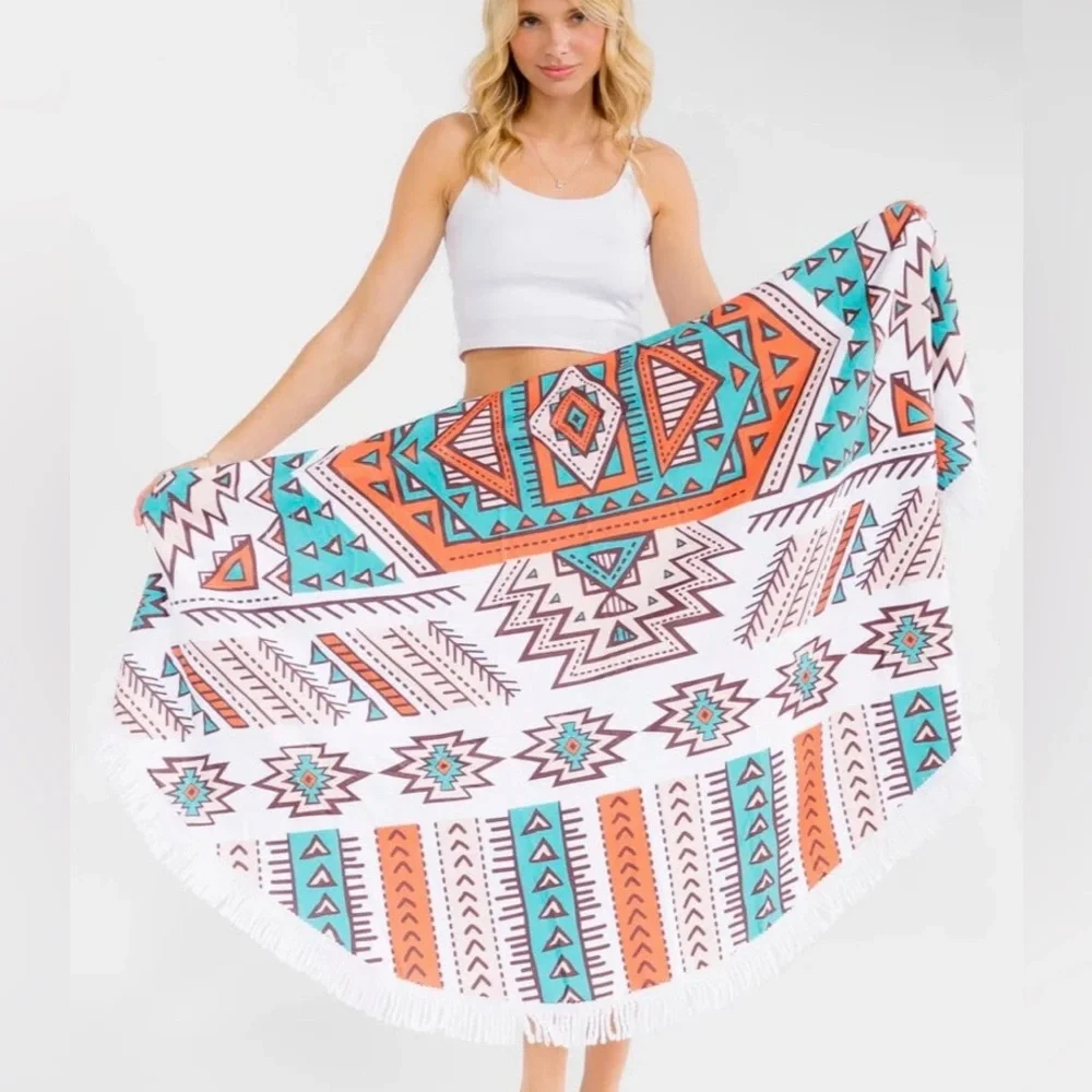 Beach Towel Round with White Fringe  - Aztec Print Festival, Beach or Picnic.